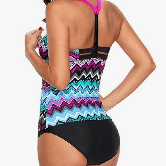 Dokotoo Tankini Swim Top Striped Racerback Geometric Pattern Pink Black Sz Small - Picture 3 of 10